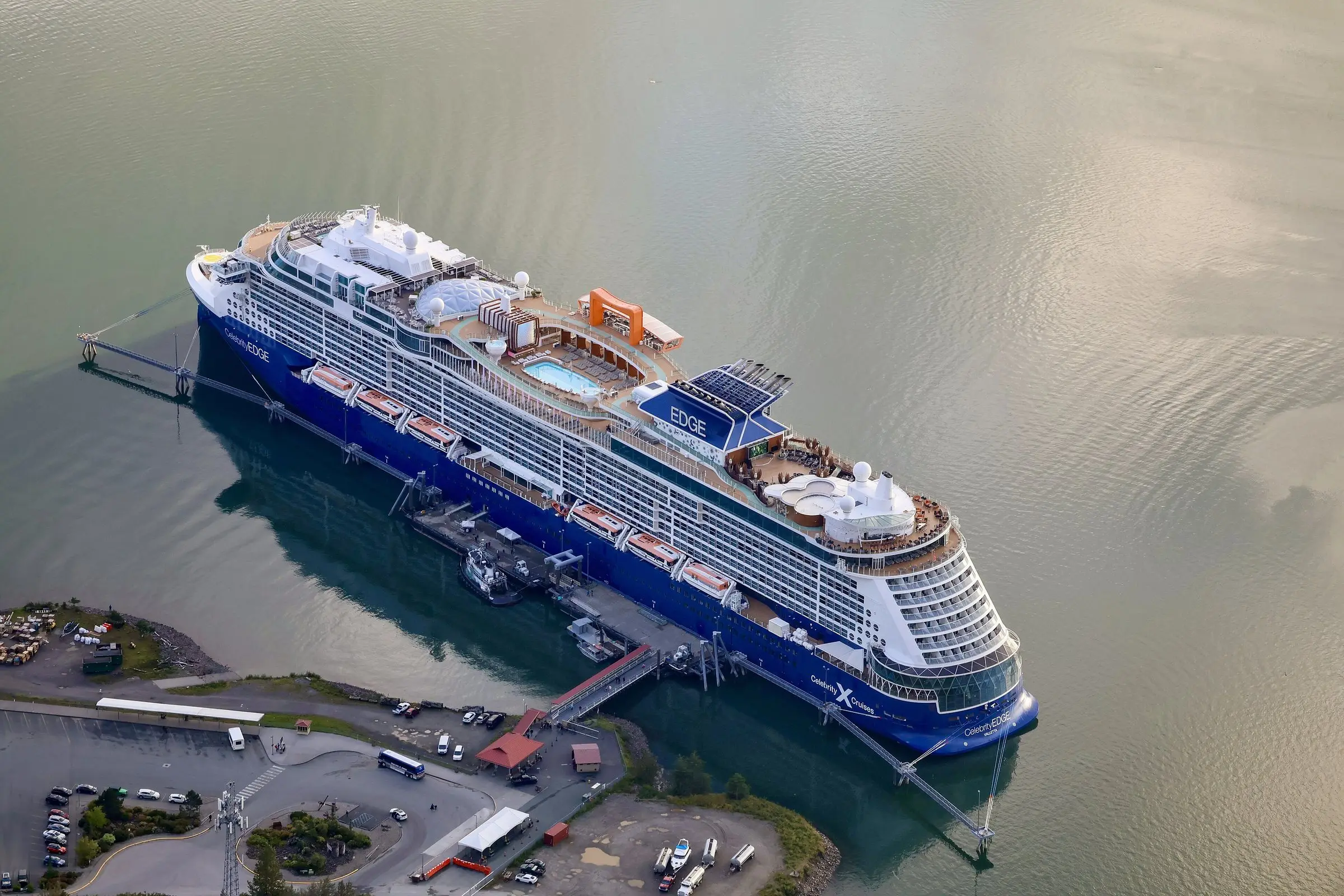 Celebrity Edge docked in Juneau, Alaska, seen from above