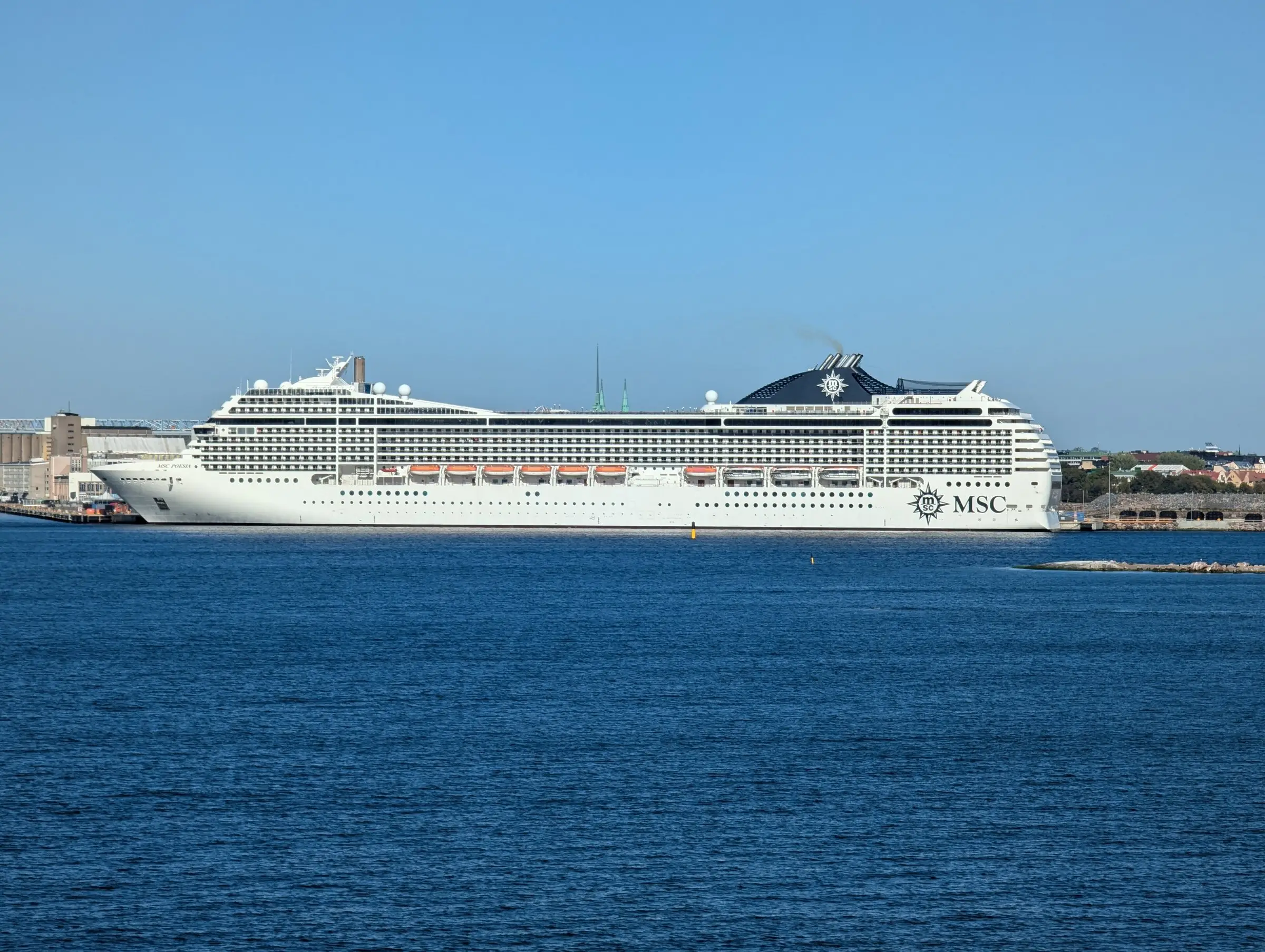 MSC Poesia moored in Helsinki, seen side-on