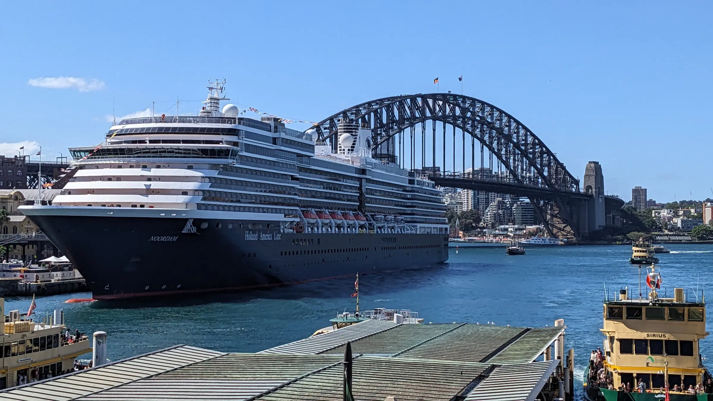 Noordam in Sydney Harbour, with its dark blue Holland America hull