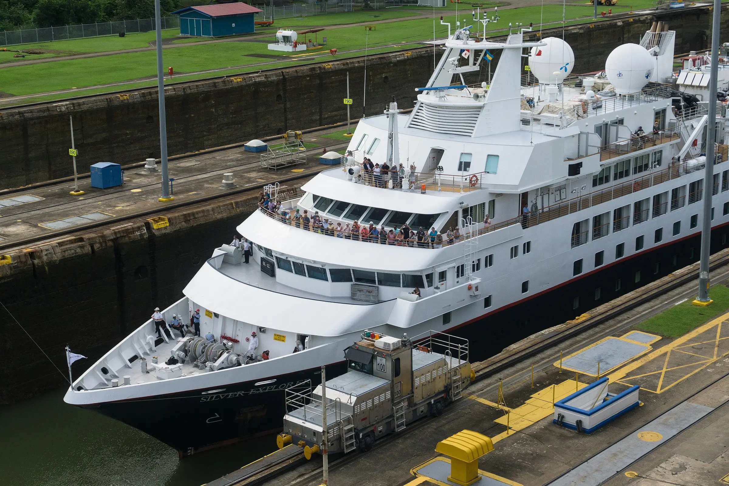 A cruise ship passing through the Miraflores Locks on the Panama Canal